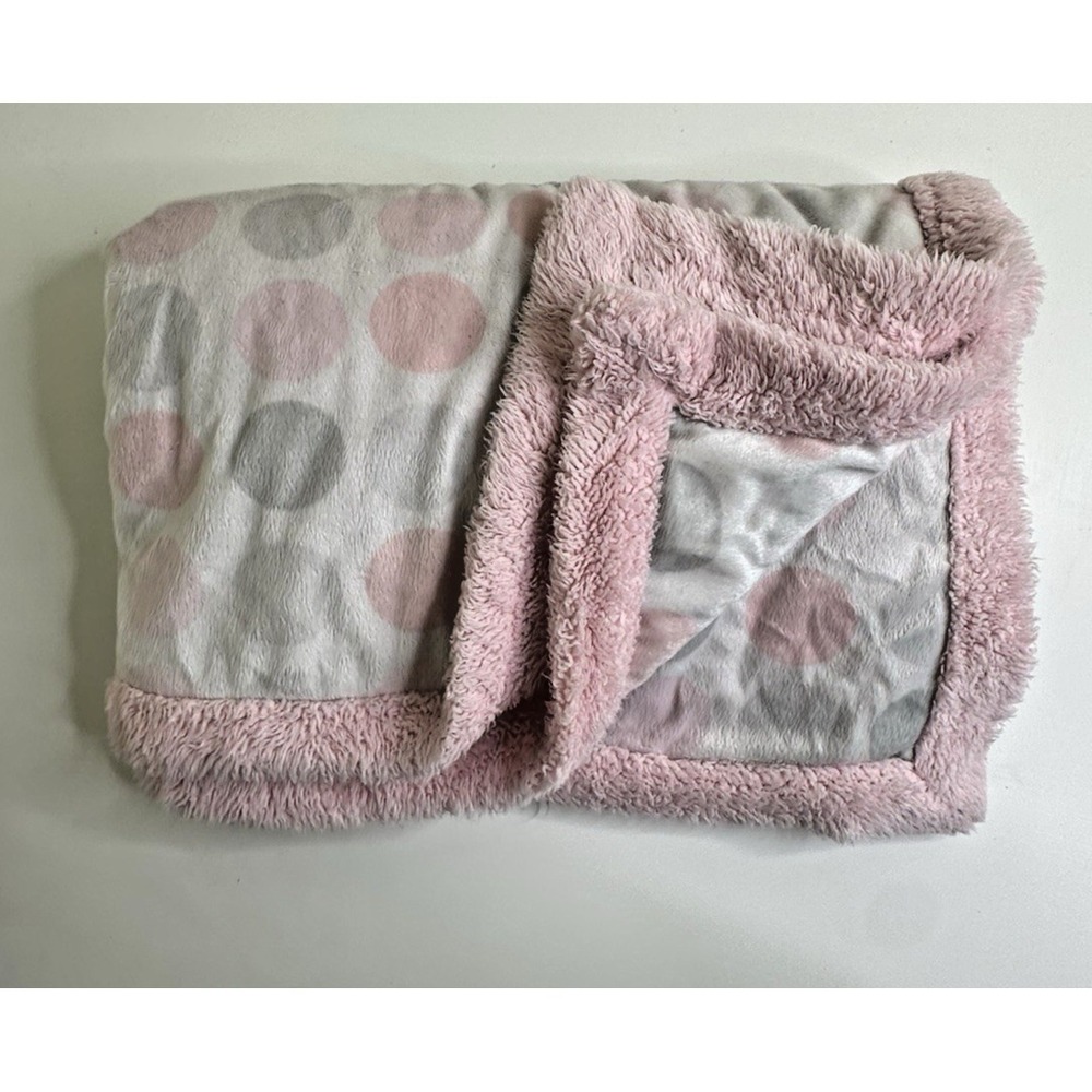 Little Beginnings Baby Blanket Pink Grey Polka Dots Furry Edge 30x40 Soft